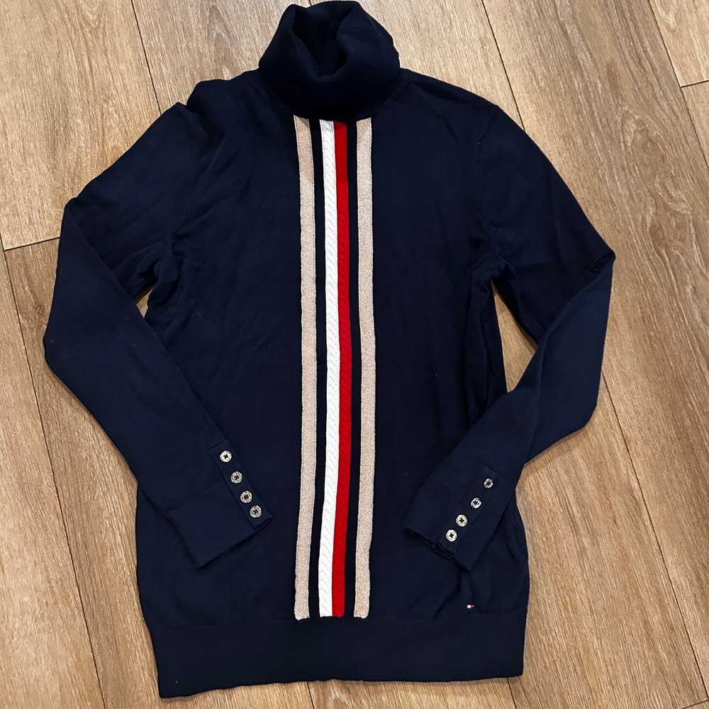 Tommy Hilfiger Navy Blue Turtleneck Sweater Gold Red White Stripe Button Cuff S